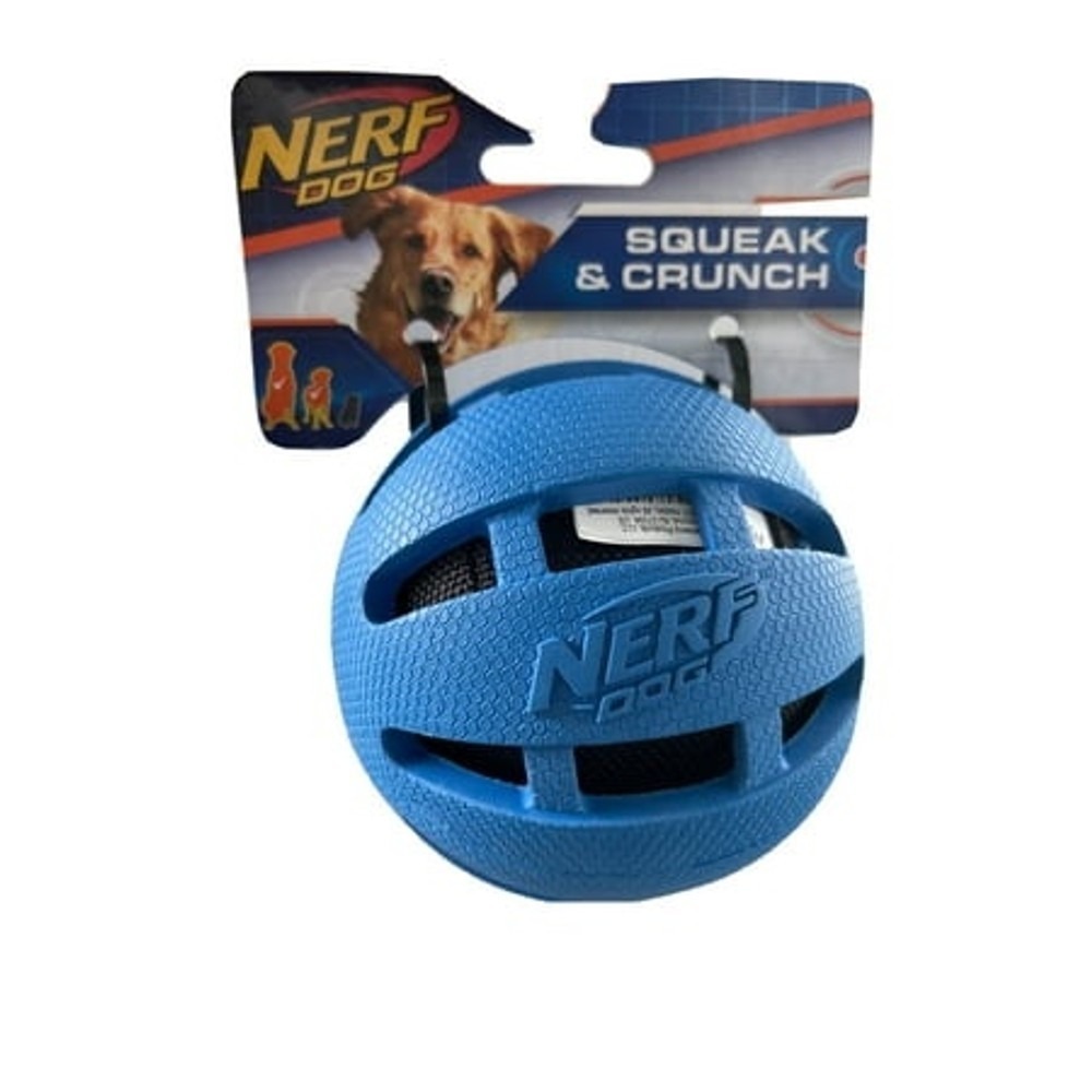 Nerf Dog Squeak & Crunch Ball 3 inch Blue Rubber Dog Toy 1111-1601